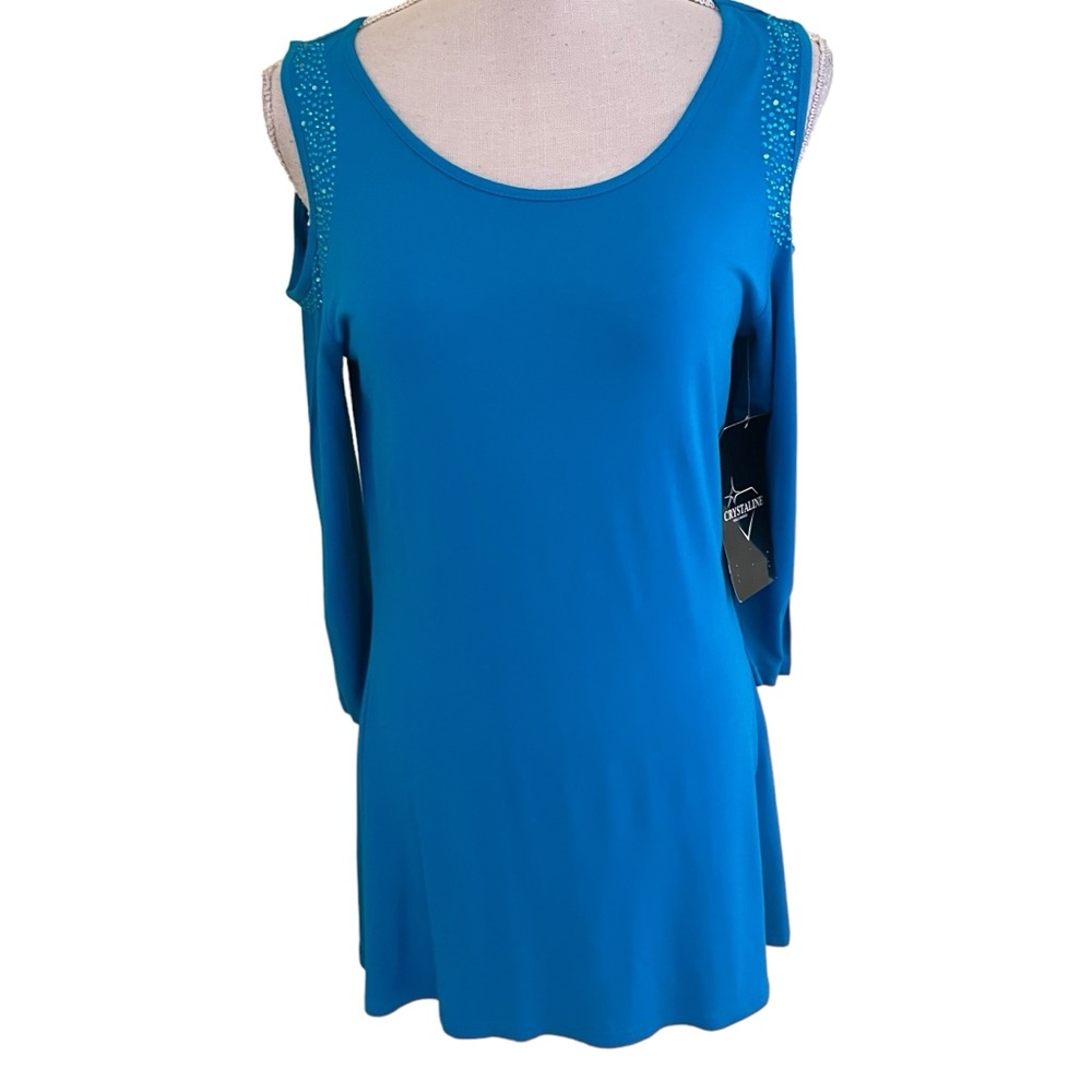 Crystaline by Tango Mango Aqua Cold Shoulder Tunic with Crystal Detail M